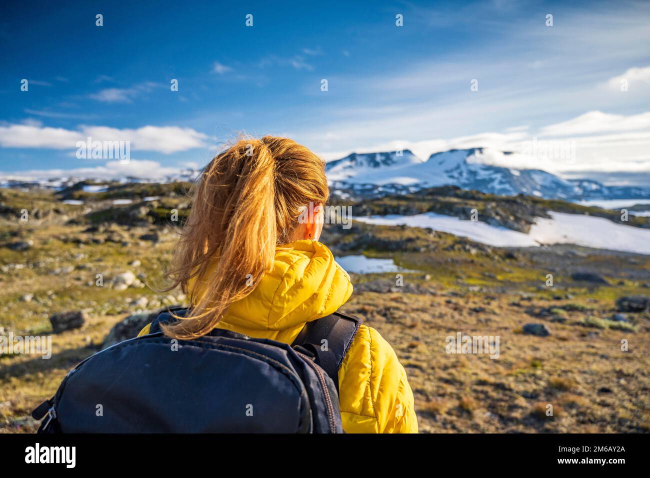 Wanderer mit Blick auf Mount Fannaraki, Sognefjellet, Jotunheimen-Nationalpark, Norwegen Stockfoto