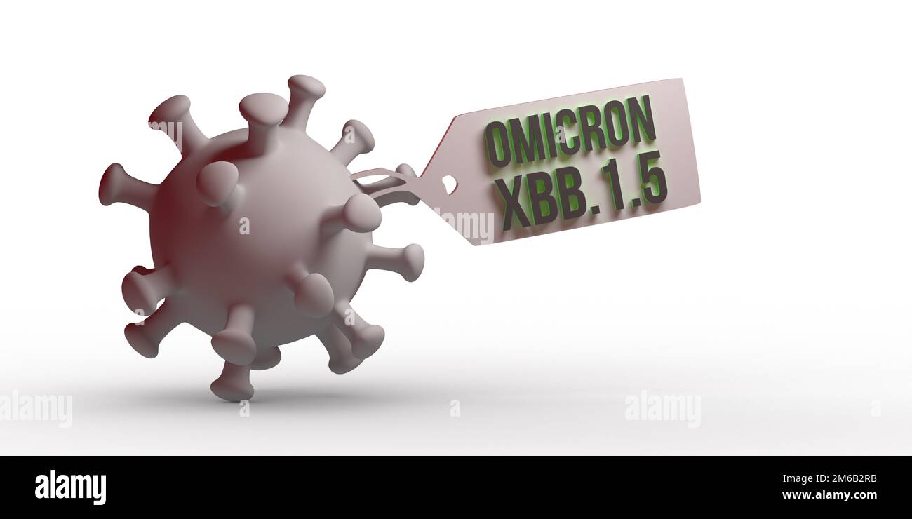 Omicron XBB.1,5 Text auf Namensschild. Subvariante des SARS-CoV-2-Coronavirus. 3D Covid-19-Bakterienzelle rendern, Kopierbereich. Weißer Hintergrund, Beschneidungspfad Stockfoto