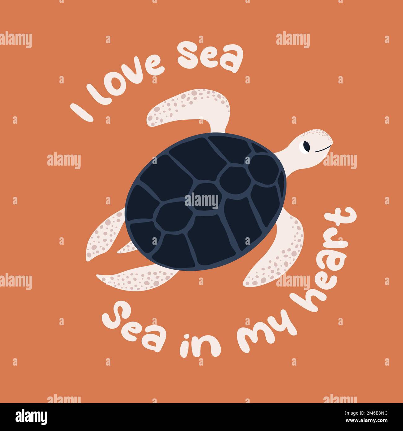 Vektor-Ozean-Illustration mit Schildkröte. Ich liebe das Meer, das Meer in meinem Herzen - moderne Schriftzeichen. Unterwassertiere. Ökologisches Design für Banner, Flyer Stock Vektor