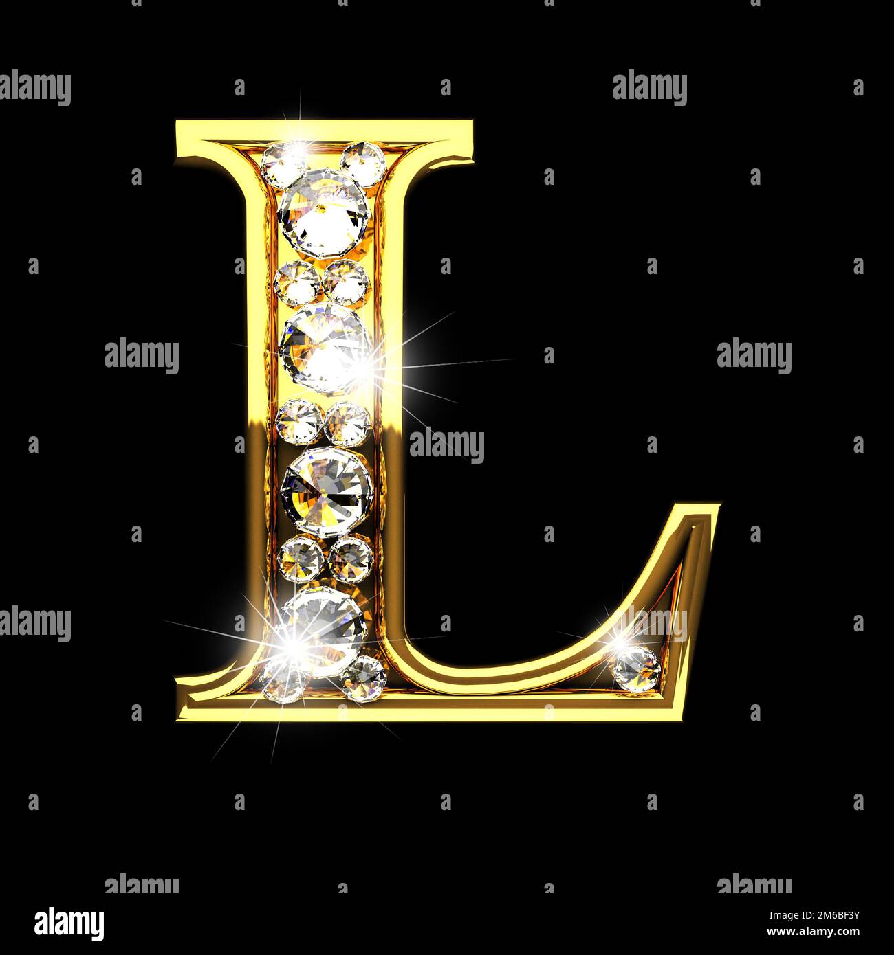Ich isolierte goldene Buchstaben mit Diamanten auf Schwarz Stockfoto