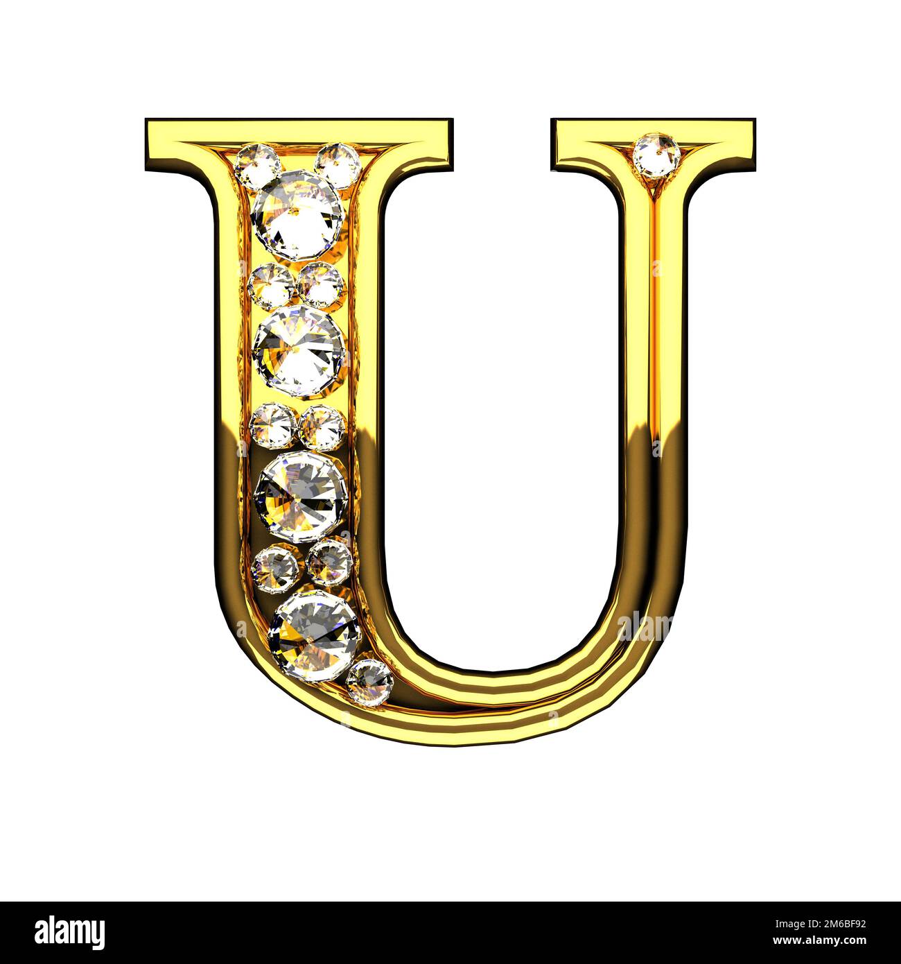 U isolierte goldene Buchstaben mit Diamanten auf Weiß Stockfoto
