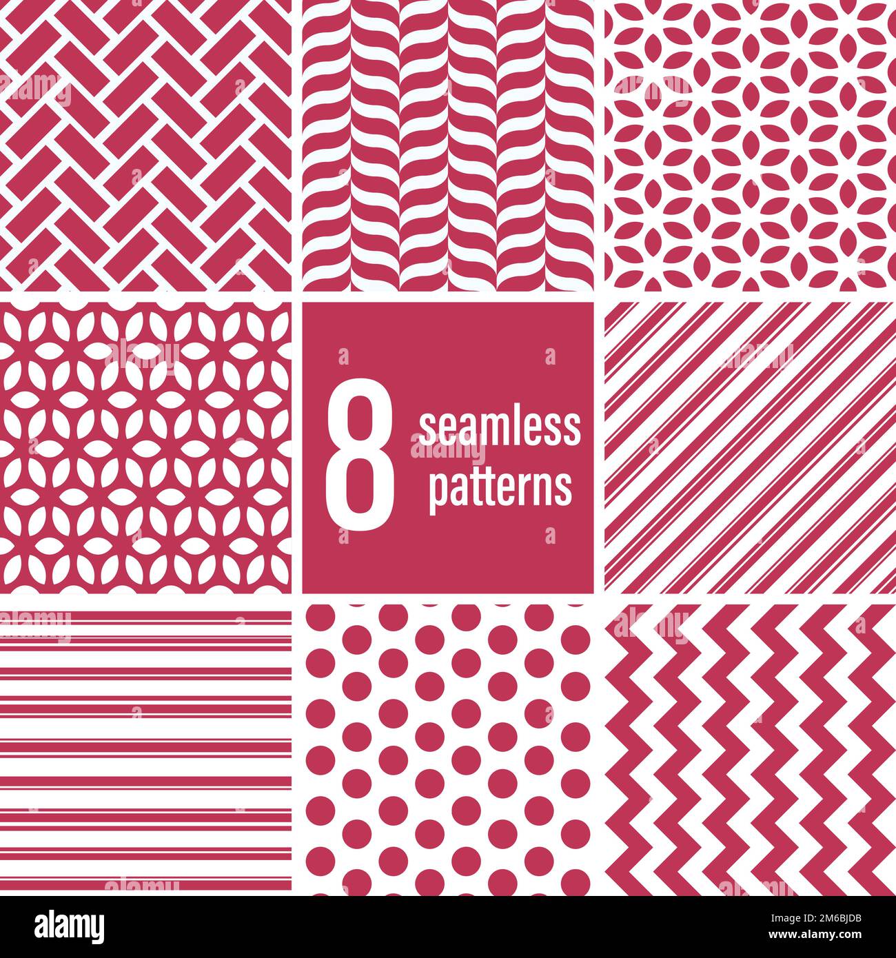 Set von 8 nahtlosen geometrischen Wiederholungsmustern für Vektoren. Vektordarstellung. Designer-Basics aus Textil Stock Vektor