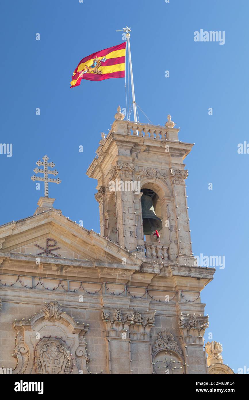 Glockenturm der St. Georges Basilica, während des Festes, Victoria, Gozo, Malta, Europa, Juli 2016 Stockfoto