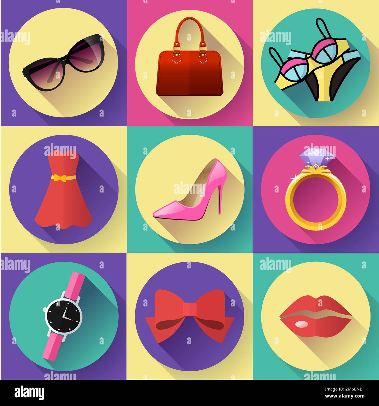 Mode und Kleidung Symbole festlegen. Flache 2.0 Vektor-Design-Stil mit langen Schatten Stockfoto