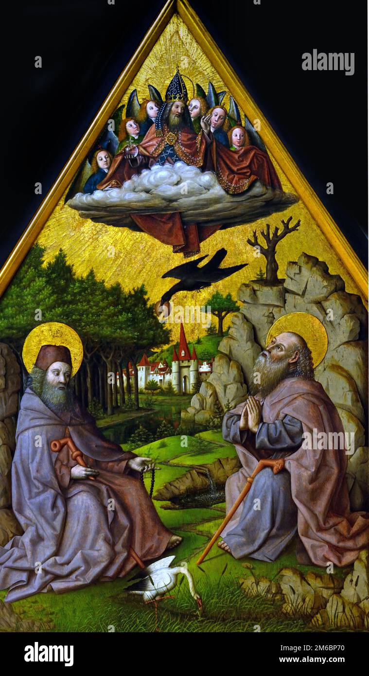Die wundersame Fütterung des Heiligen Antonius und des Heiligen Paulus des Eremits 1445 Meister von Stockfoto