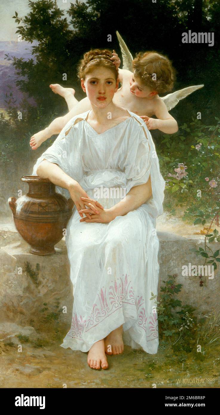 Le Chant D'Amour (der Sohn der Liebe), auch bekannt als Les murmures de l'Amour (Flüstern der Liebe) und Première Rêverie (erster Reverie), gemalt vom französischen Maler William-Adolphe Bouguereau aus dem 19. Jahrhundert im Jahr 1889. Der Künstler nannte es Le Chant D'Amour, aber er wurde von dem Kunsthändler, der es kaufte, in Première Rêverie umbenannt und später wieder in Les Murmures D'Amour benannt. Es zeigt, wie Amor einem jungen Mädchen ins Ohr flüstert. Stockfoto