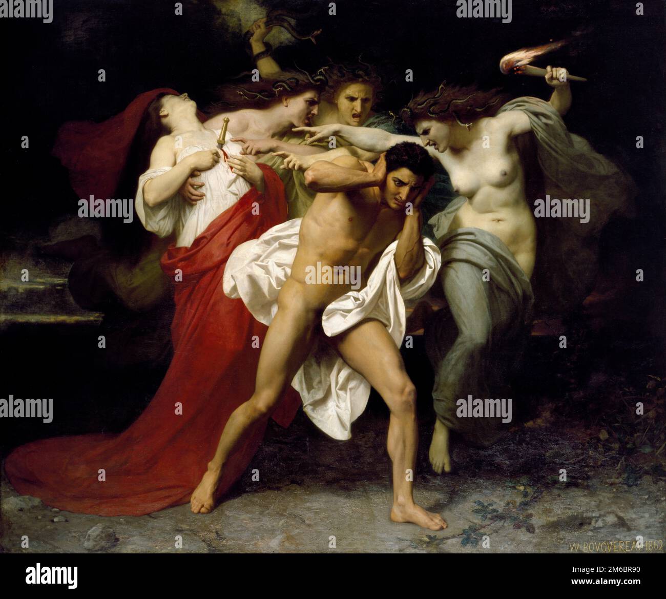 Les Remords d’Oreste (Orestes Purpose by the Furies or the Reue of Orestes), gemalt vom französischen Maler William-Adolphe Bouguereau aus dem 19. Jahrhundert im Jahr 1862. Es zeigt eine Geschichte aus der griechischen Mythologie, in der Orestes seine Mutter Clytemnestra tötet (sie ist mit dem Dolch im Herzen geschockt) und von den Furien verfolgt wurde, um dieses Blutverbrechen zu bestrafen. Stockfoto