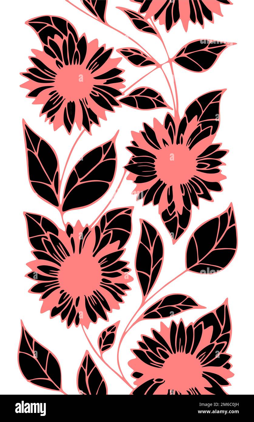 Nahtloses Muster mit großen schwarz-rosa Blumen auf hellem Hintergrund, leuchtende Blumenstruktur, Rand, Design Stockfoto