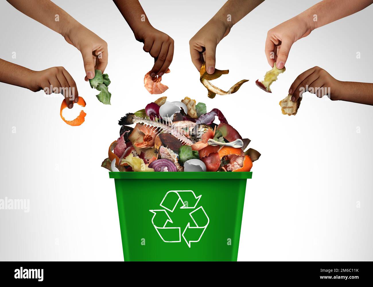 Menschen kompostieren zusammen und teilen grünen Müllkompost und recyceln Müll als Container, um organische Abfälle und kompostierte Lebensmittel zu recyceln Stockfoto