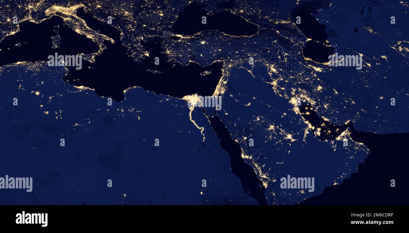 Naher Osten, westasien, osteuropa leuchten nachts, wie es aus dem All aussieht. Elemente dieses Bildes werden von NAS bereitgestellt Stockfoto