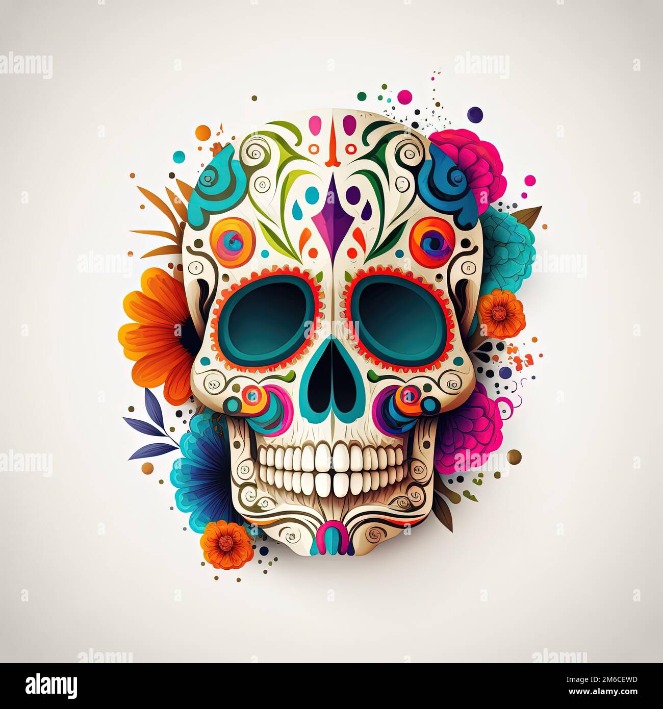 Calavera (mexikanischer Zuckerschädel), isoliert auf weißem Hintergrund, farbenfroher, blumiger Schädel für Dia de los muertos (Tag der Toten) Stockfoto