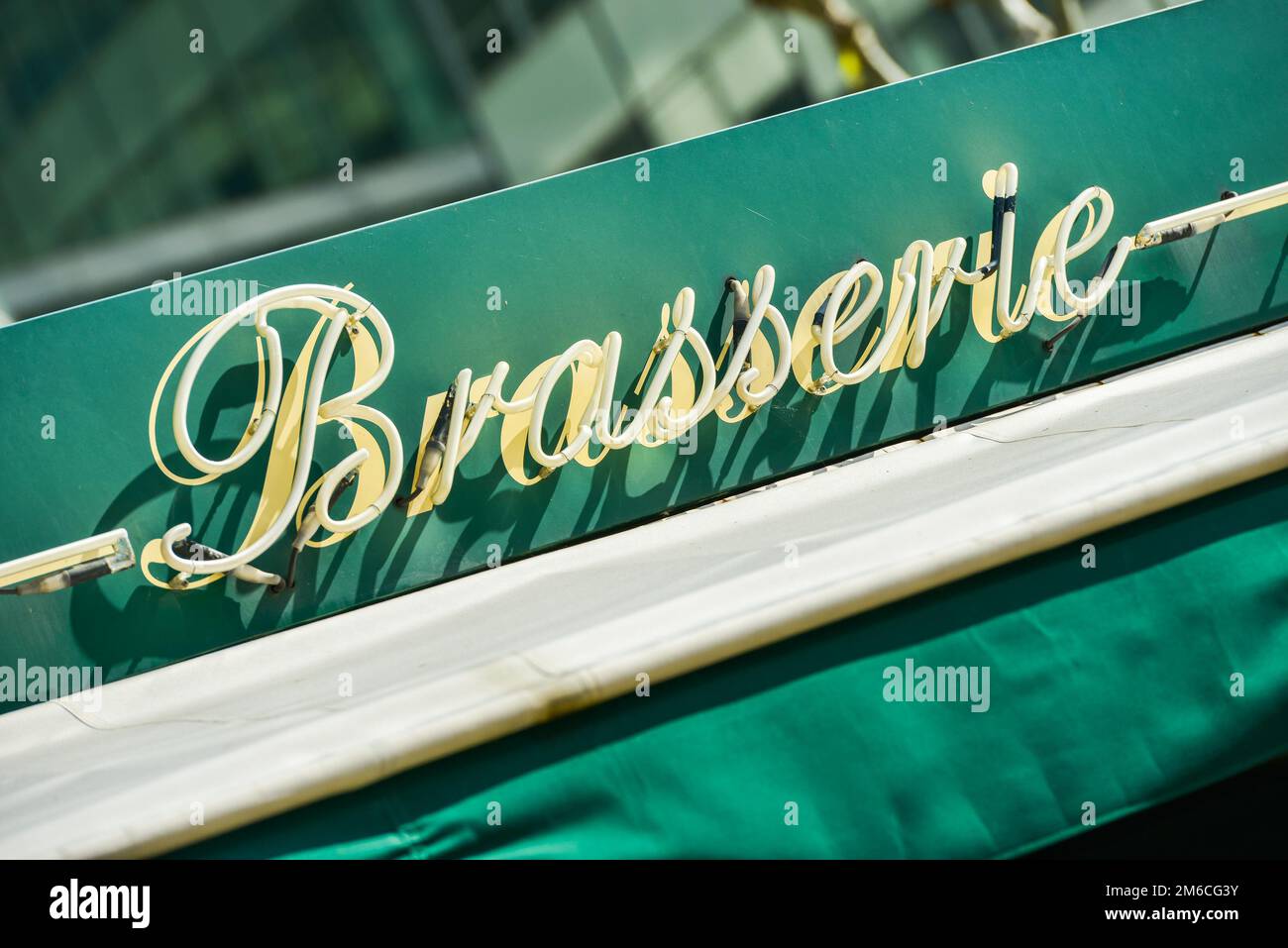 Word Brewery (Brasserie auf französisch) auf grünem Dorn Stockfoto