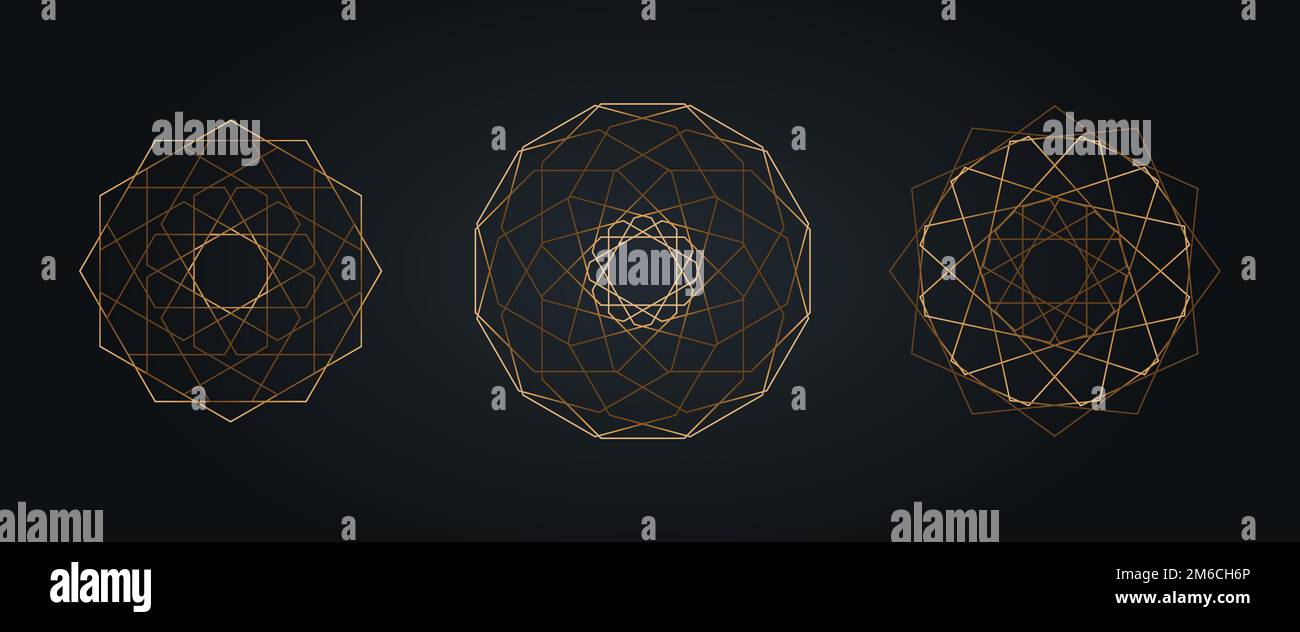 Set Gold Heiliger Mandala, luxuriöses Mandala-Logo mit abstraktem geometrischem goldenem Kreis und Mandala-Logo Konzept Vektorset Bundles, Heilige Geometrie isoliert auf schwarzem Hintergrund Stock Vektor