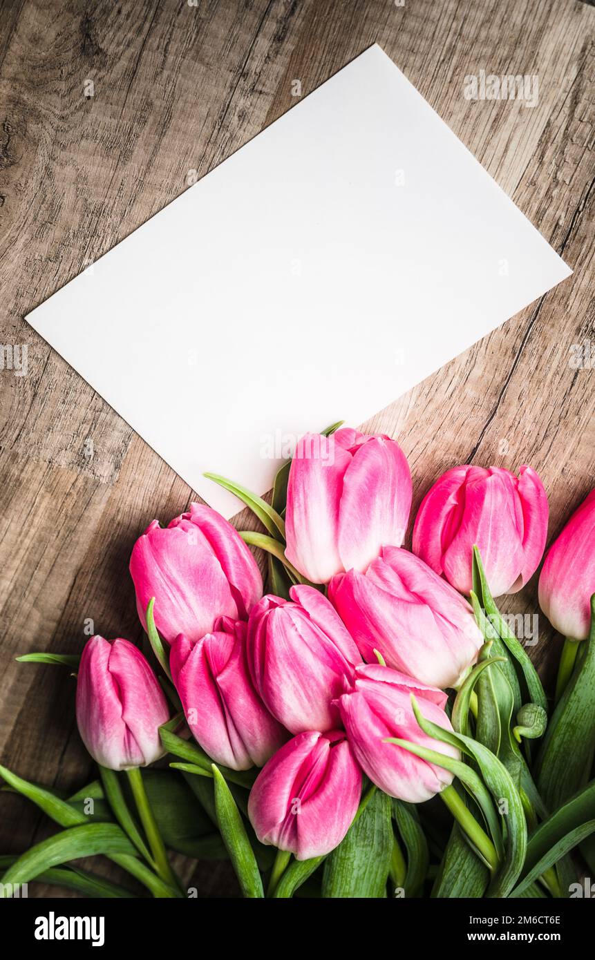 Schönen Blumenstrauß rosa Tulpen und herzlichen Glückwunsch zu der Tabelle Stockfoto