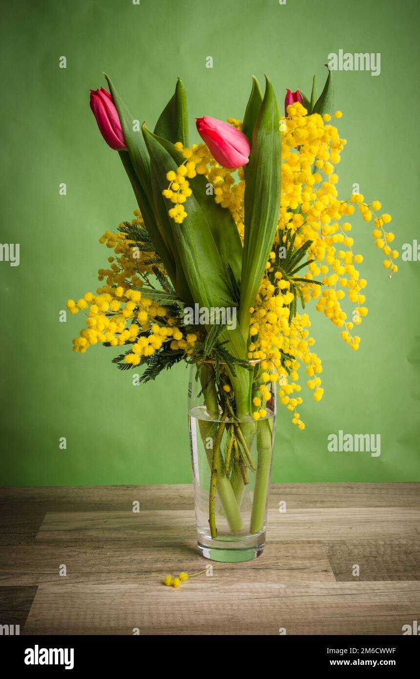 Spring Bouquet mit Mimosen und Tulpen in der Vase Stockfoto