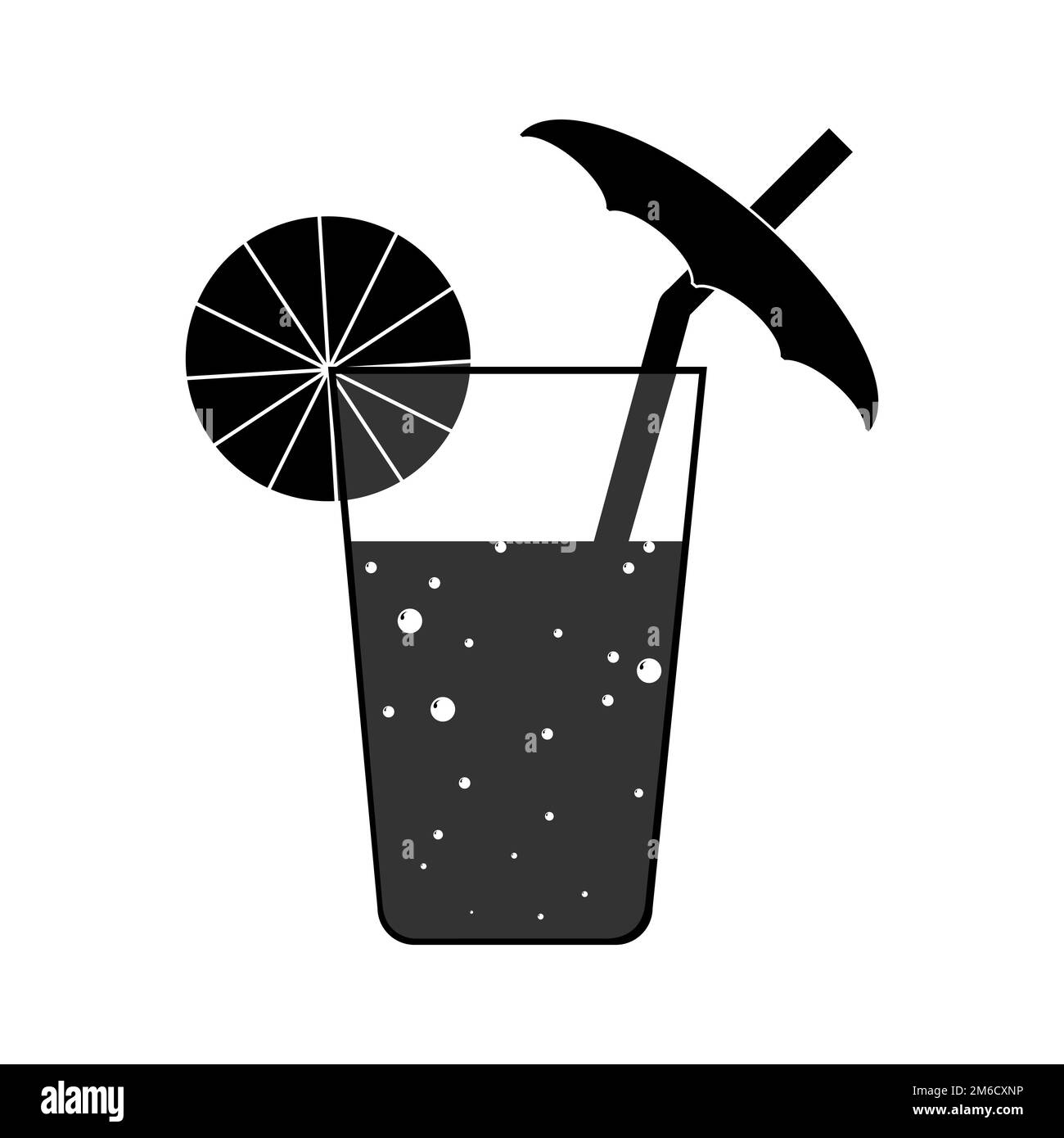 Silhouettenbild eines Glases mit einem Getränk, einer Scheibe Zitrus und einem Strohhalm mit Schirm Stockfoto