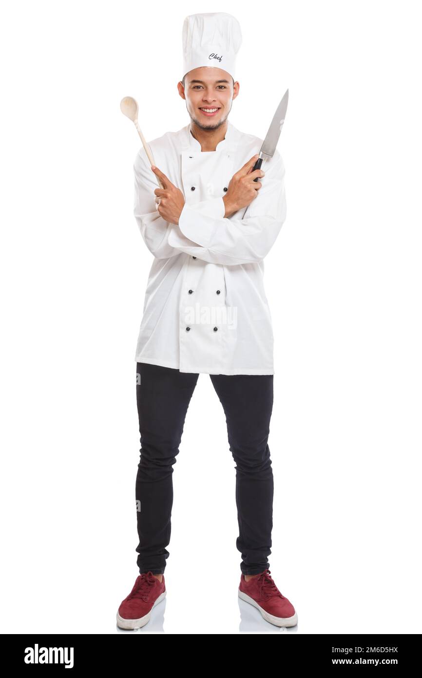 Koch Kochen junger Mann Job Vollkörperporträt isoliert auf Weiß Stockfoto