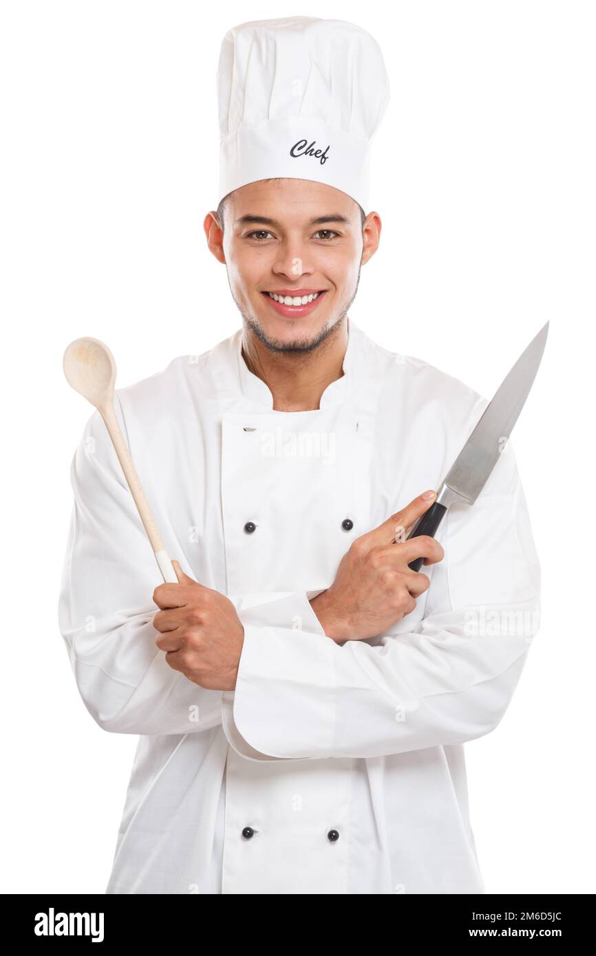 Koch Kochen, junger Mann, männlicher Job, isoliert auf Weiß Stockfoto