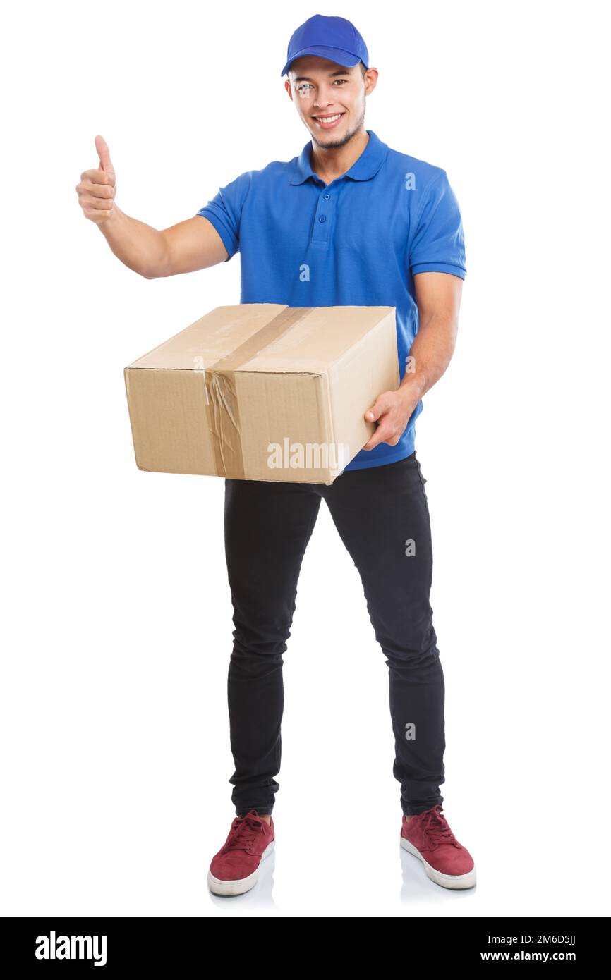 Paketzustellung Service Box Paketbestellung für erfolgreichen Job Ganzkörperporträt isoliert auf weiß Stockfoto