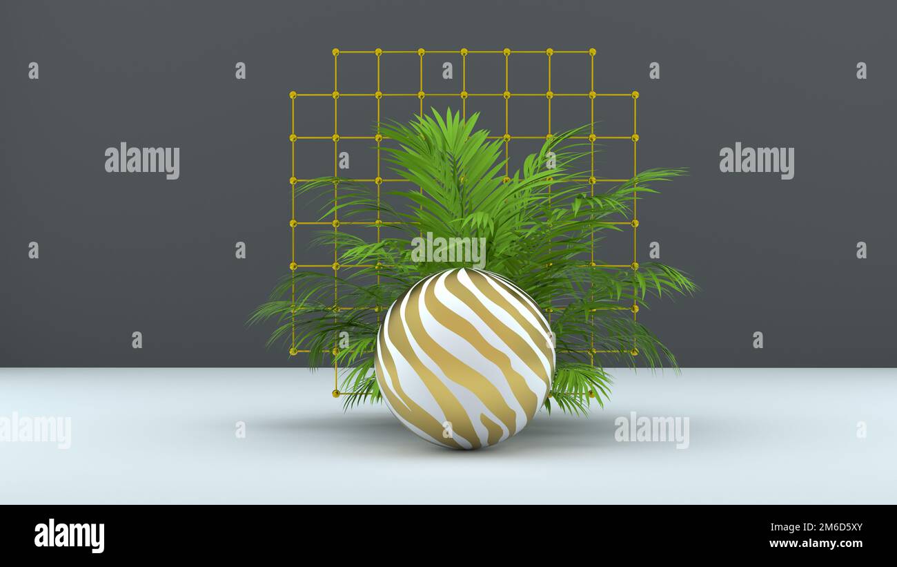 3D Rendern Sie abstrakten Hintergrund mit Palmenblättern, Kugel und goldenem Raster. Modernes minimalistisches Design. Trendige Hintergrundinformationen zu Produkt-des Stockfoto