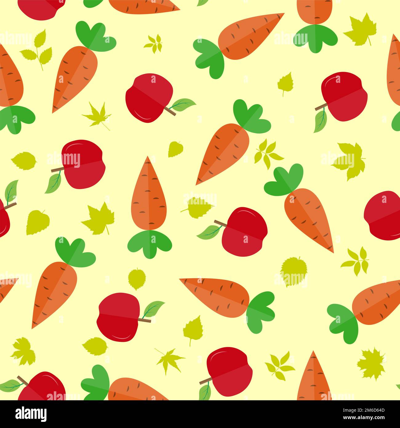 Nahtloses Muster mit Karottenfrüchten, Äpfeln und Blättern für Textilien und Verpackungen Stockfoto