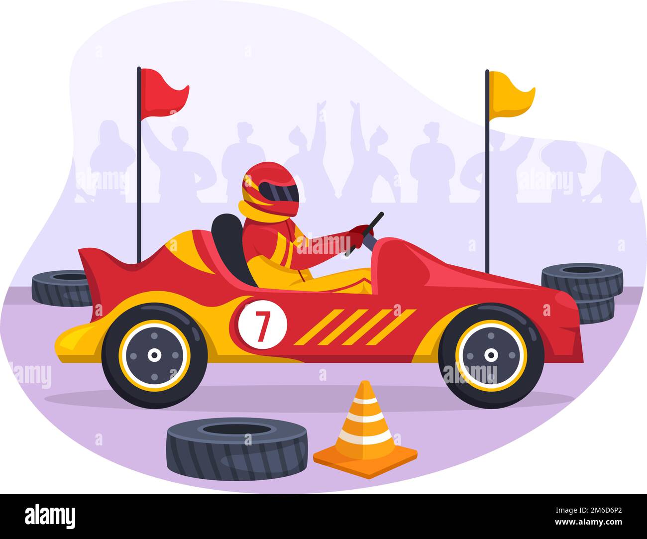 Formula Racing Sportwagen greifen auf der Rennstrecke die Ziellinie Cartoon-Illustration, um die Meisterschaft im flachen handgezogenen Vorlagendesign zu gewinnen Stock Vektor
