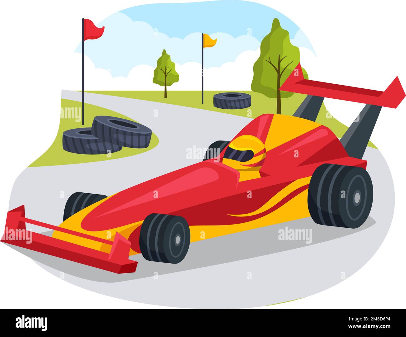 Formula Racing Sportwagen greifen auf der Rennstrecke die Ziellinie Cartoon-Illustration, um die Meisterschaft im flachen handgezogenen Vorlagendesign zu gewinnen Stock Vektor