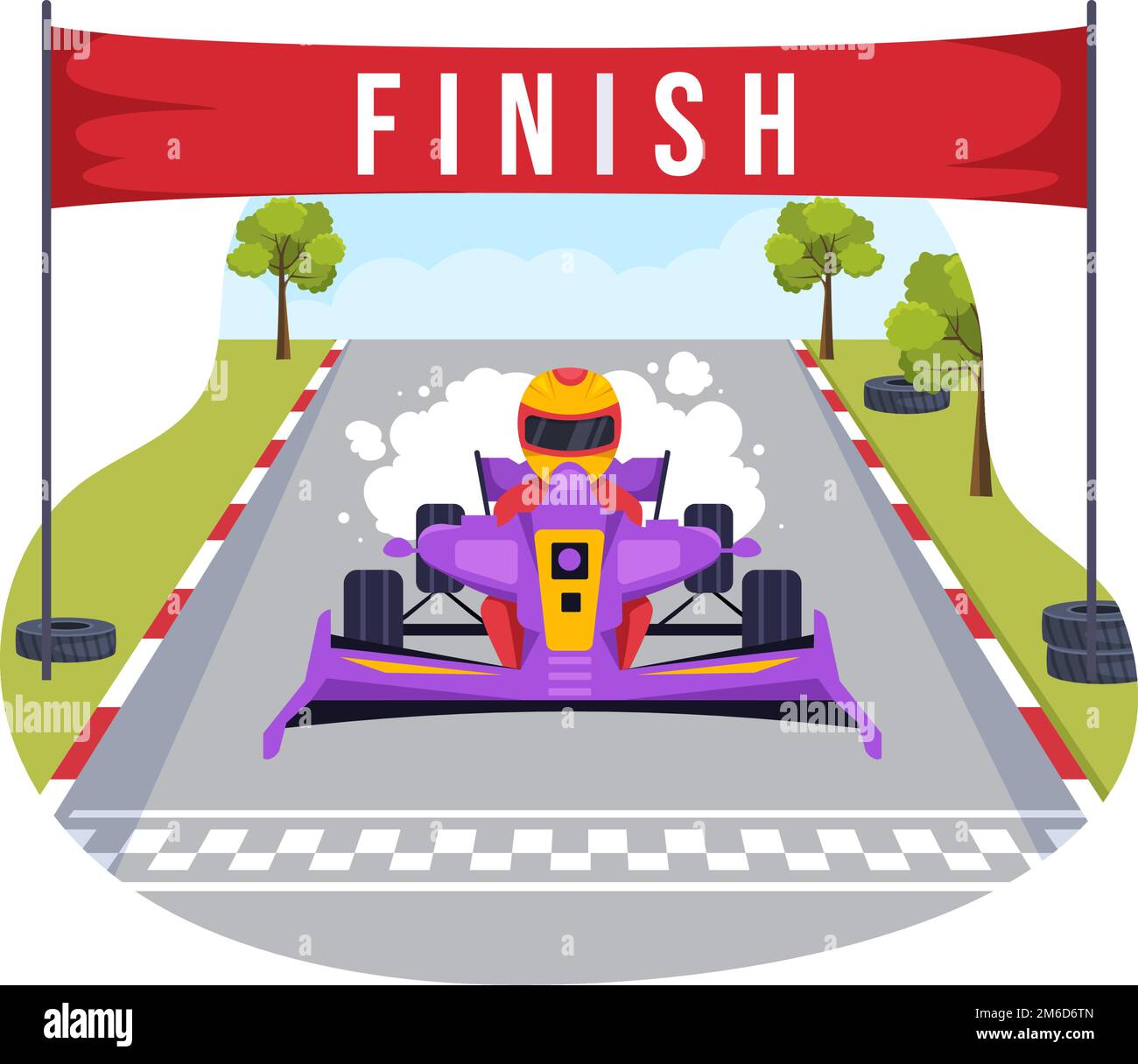 Formula Racing Sportwagen greifen auf der Rennstrecke die Ziellinie Cartoon-Illustration, um die Meisterschaft im flachen handgezogenen Vorlagendesign zu gewinnen Stock Vektor