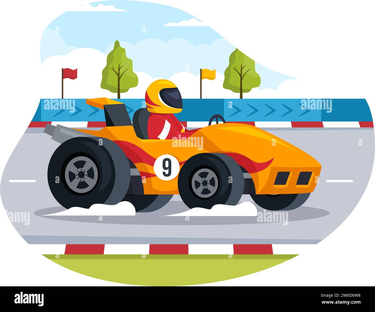 Formula Racing Sportwagen greifen auf der Rennstrecke die Ziellinie Cartoon-Illustration, um die Meisterschaft im flachen handgezogenen Vorlagendesign zu gewinnen Stock Vektor