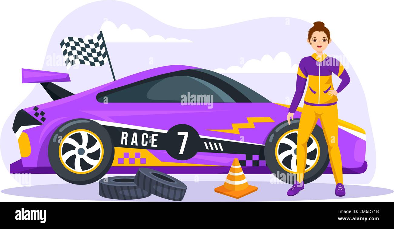 Formula Racing Sportwagen greifen auf der Rennstrecke die Ziellinie Cartoon-Illustration, um die Meisterschaft im flachen handgezogenen Vorlagendesign zu gewinnen Stock Vektor