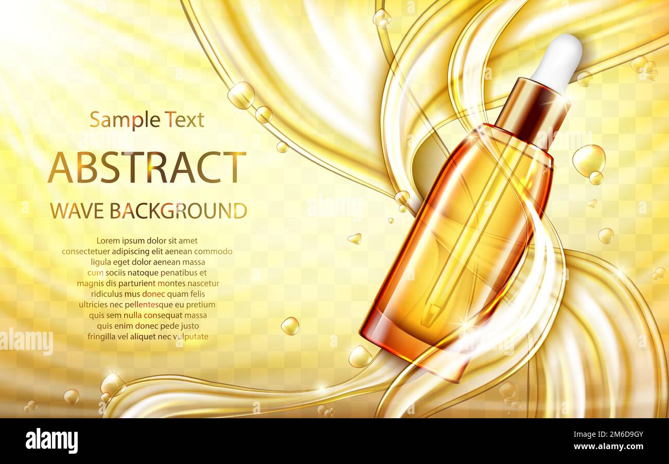 Poster mit kosmetischem Hautpflegeöl oder Serum Realistic Vector. Pipettenflasche aus Glas mit goldener Flüssigkeit, fließenden Strömen oder Goldspritzer fliegende Tropfen auf gelbem, transparentem, welligem Hintergrund. Natürliche Kosmetik Stock Vektor