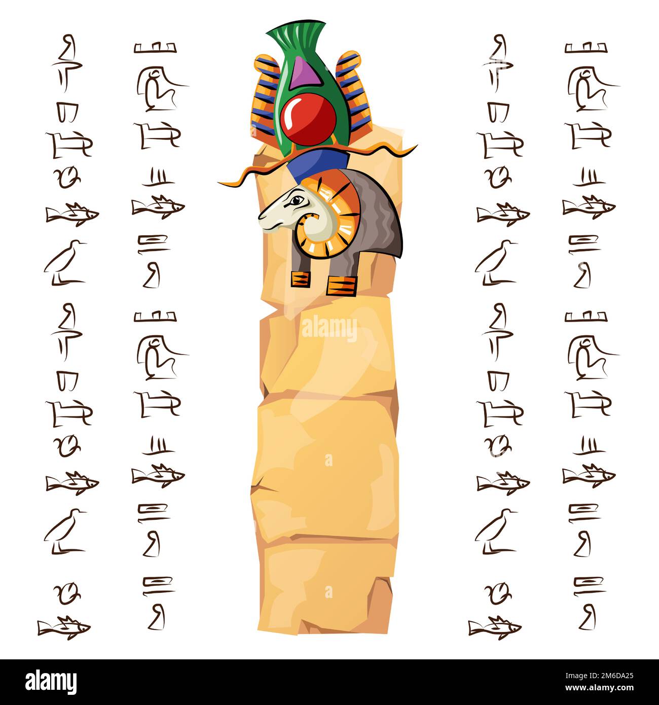 Alte ägyptische Papyrus- oder Steinsäule mit Rammbock-Karikatur-Vektordarstellung. Altes Papier mit Hieroglyphen zur Speicherung von Informationen, ägyptisches Kultursymbol, isoliert auf weißem Hintergrund Stock Vektor