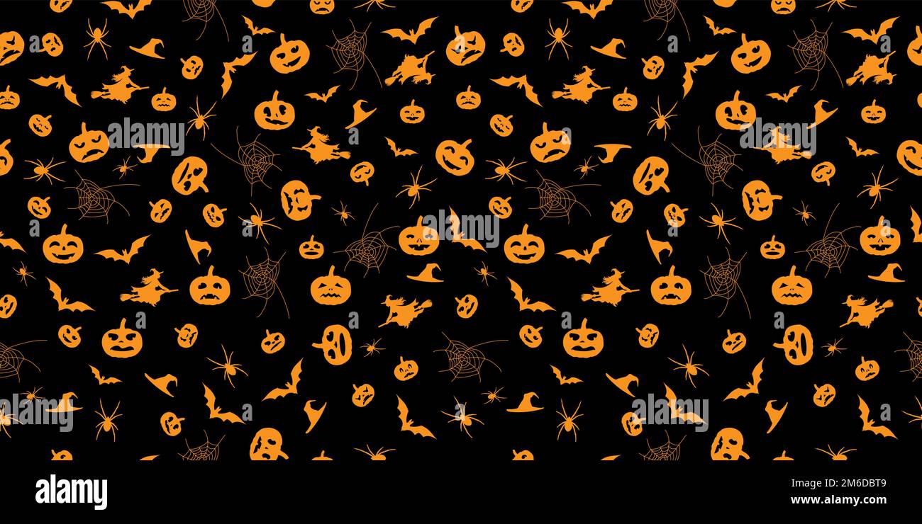 Schwarzer nahtloser Halloween-Hintergrund mit schwarzen Kürbissilhouetten, Spinnweben und Fledermäusen. Stockfoto