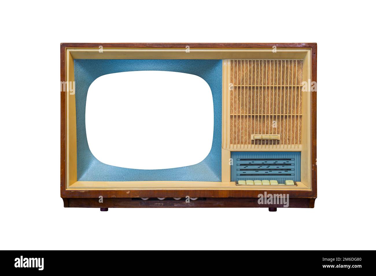 Vintage-Fernseher mit ausgeschnittenem Bildschirm auf weißem Hintergrund. Retro-TV Stockfoto