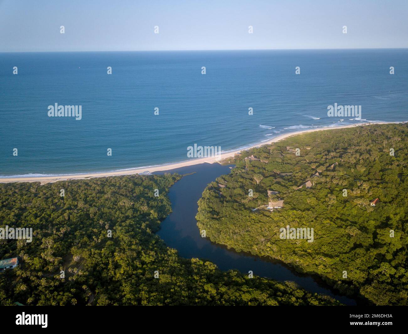 Drohnenbild einer Lagune in einem Küstenwald. Stockfoto