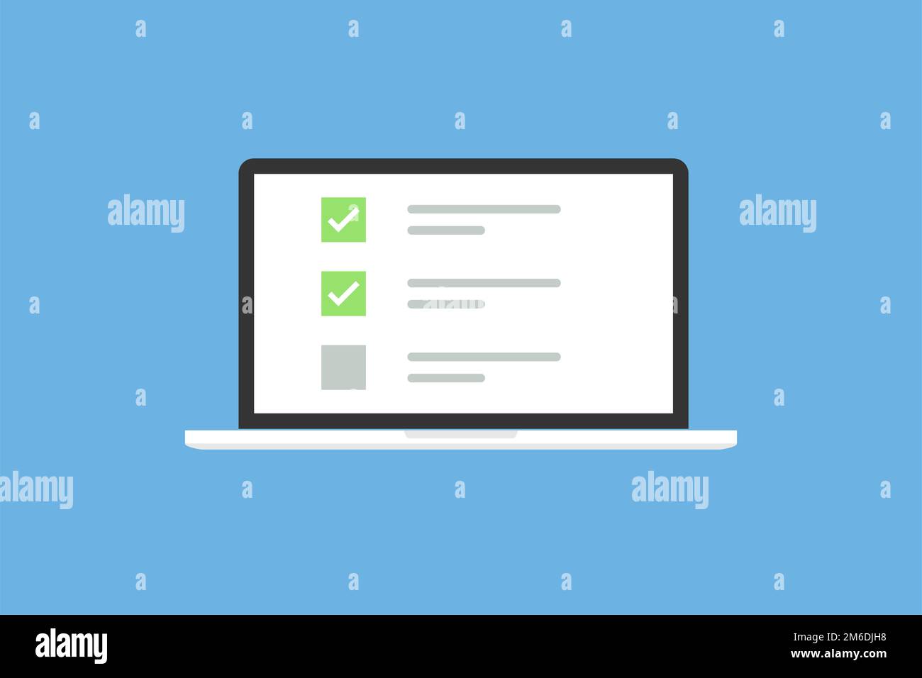Laptop im trendigen flachen Stil mit Checkbox-Bildschirm. Liste mit Kontrollkästchen und Markierungen. Notizbuch auf blauem Hintergrund. Stockfoto