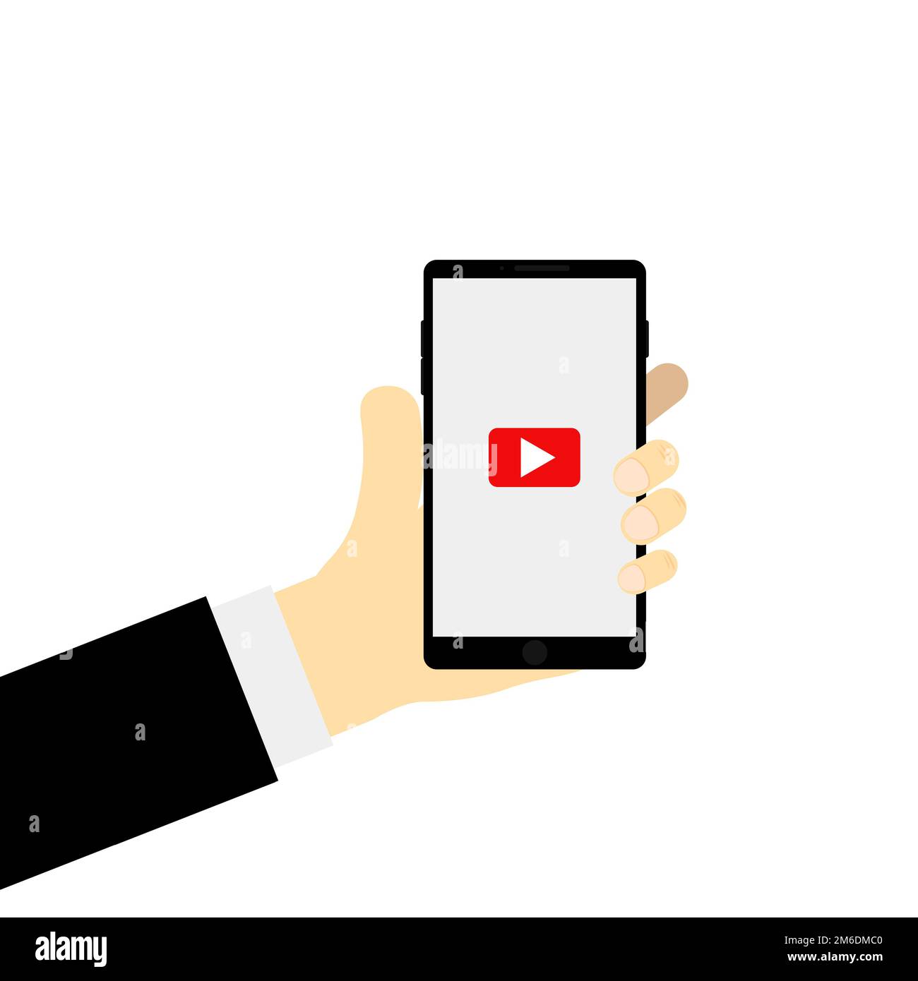 Vektorbildungshand mit Telefonanwendung. Player-Schnittstelle. Gerät halten. Medienanwendung. Flaches Design. EPS 10. Stockfoto