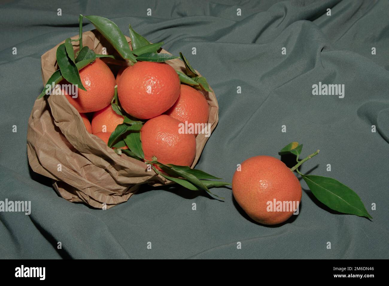 Tangerinen, Mandarine in einer Papiertüte auf einer grünen Tischdecke Stockfoto