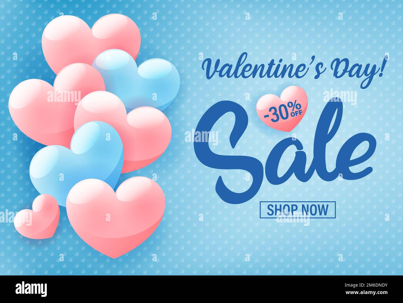 Einladungsposter zum Valentinstag-Shopping, Werbebanner mit pinkfarbenen Herzen auf blauem Hintergrund, Vektordarstellung. Stockfoto