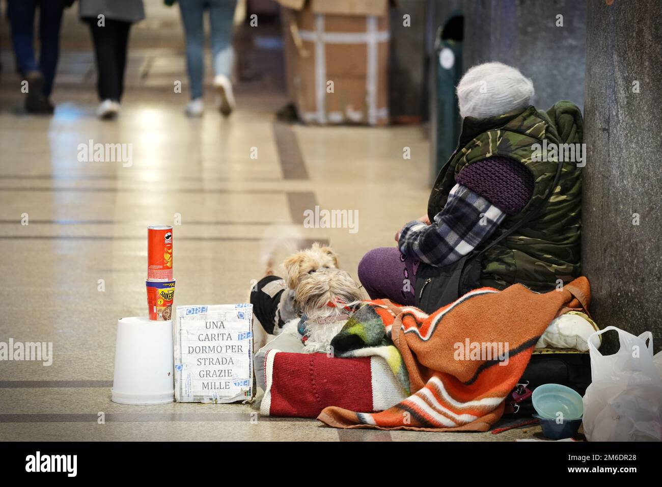 Obdachlose sitzen mit einer Decke und zwei Hunden auf dem Bürgersteig und bitten um Wohltätigkeit. Mailand, Italien - Dezember 2022 Stockfoto