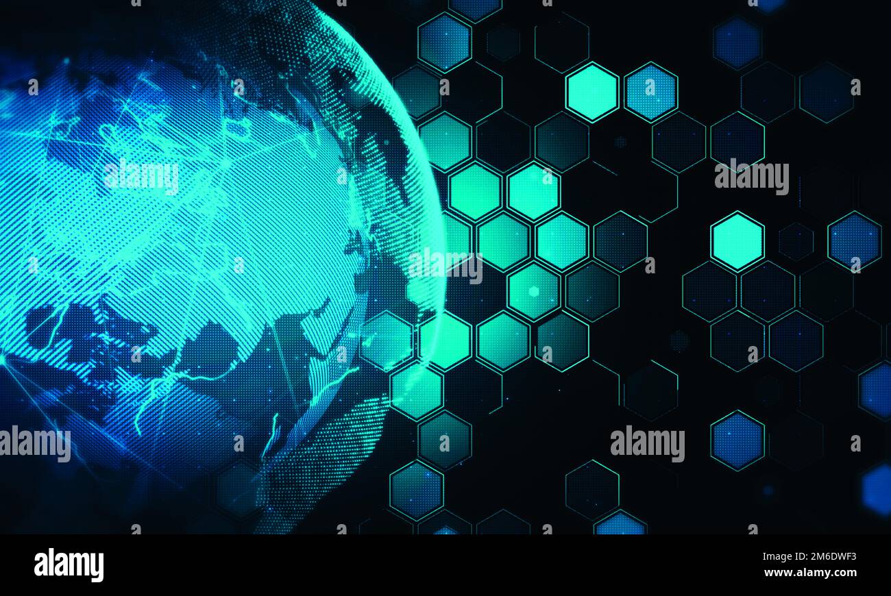 Cyber World Network Background.Global Business Technology.Digital World Map Präsentationskonzept. Stockfoto