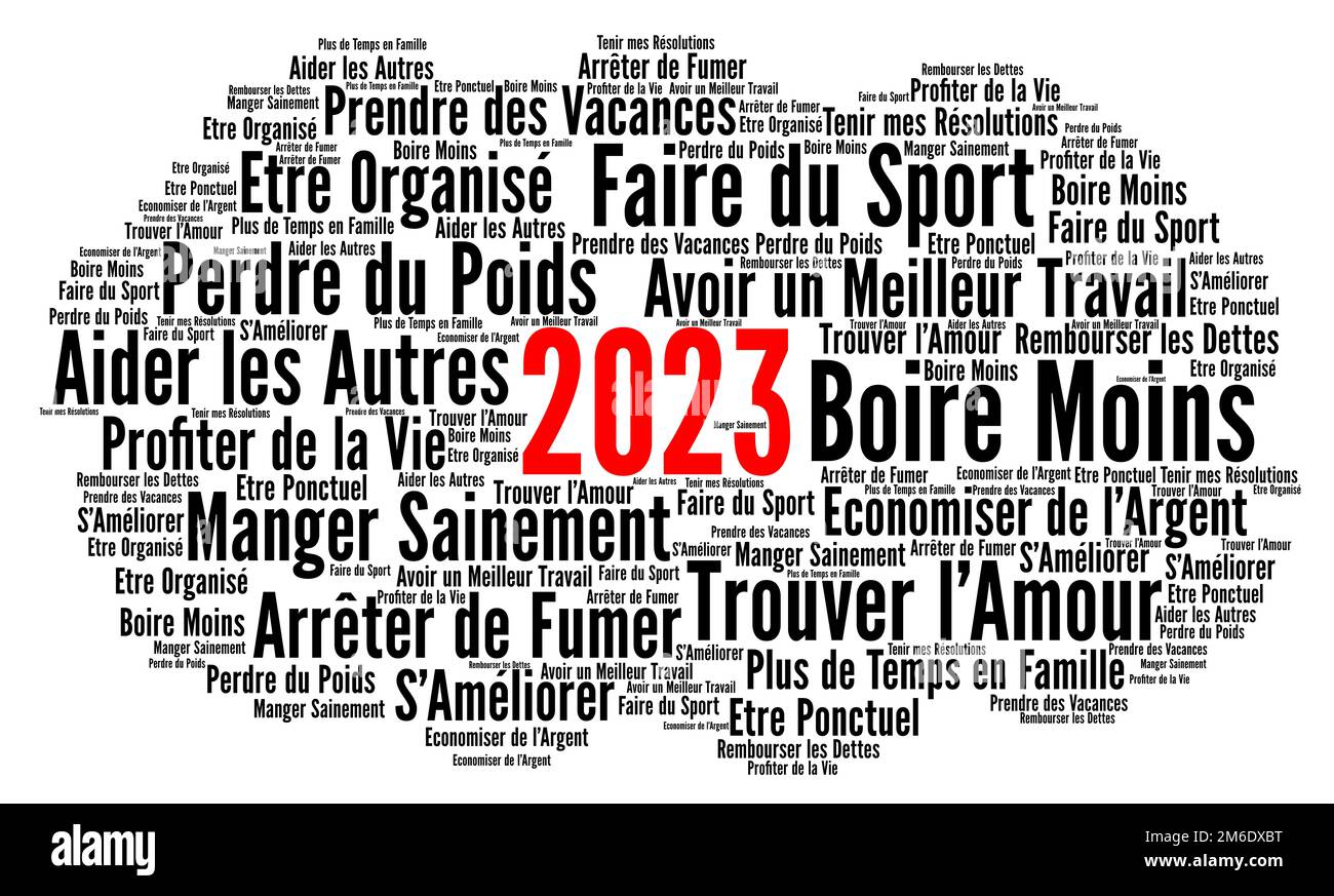Resolution 2023 Wortwolke in französischer Sprache Stockfoto