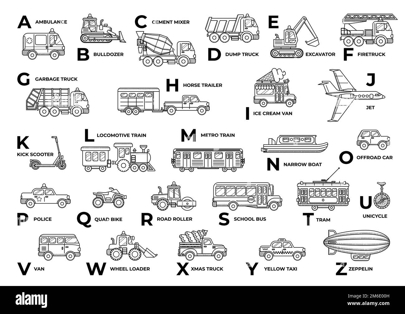 ABC Auto schwarz-weiß Umriss-Transport Stock Vektor