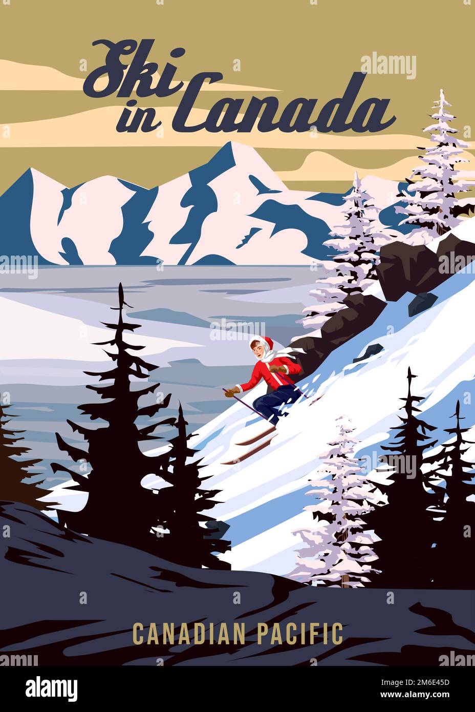 Reiseposter Ski in Canada Resort Vintage. Reisekarte für die Winterlandschaft von Kanada Stock Vektor