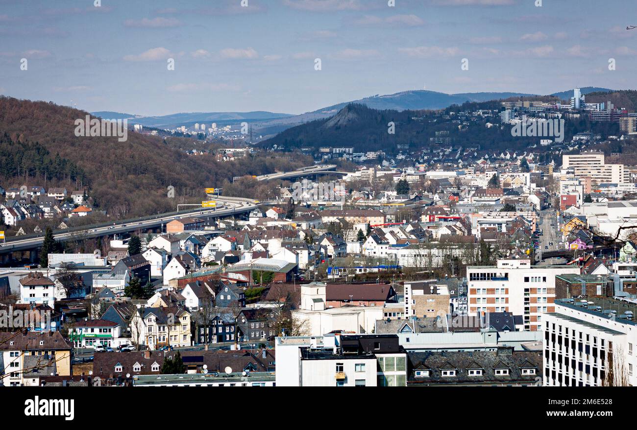 Stadtbild von Siegen und Weidenau im Siegerland Stockfoto