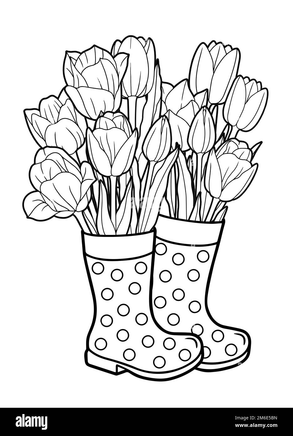 Vektor-Malbuch-Seite für Erwachsene. Ein Strauß Tulpen steht in Gummistiefeln statt in einer Vase Stock Vektor