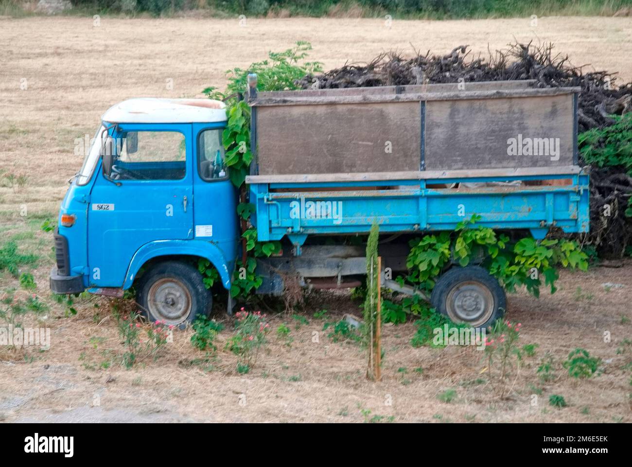 Kleiner Lastwagen, der auf einem Feld in der Tschechischen Republik geparkt ist Stockfoto
