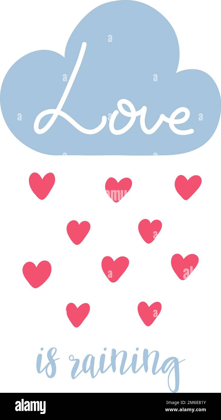 Niedliches Valentinstag-Banner, Grußkartendesign mit Text und Schriftzug, Vektorgrafik. Es regnet die Liebe Stock Vektor