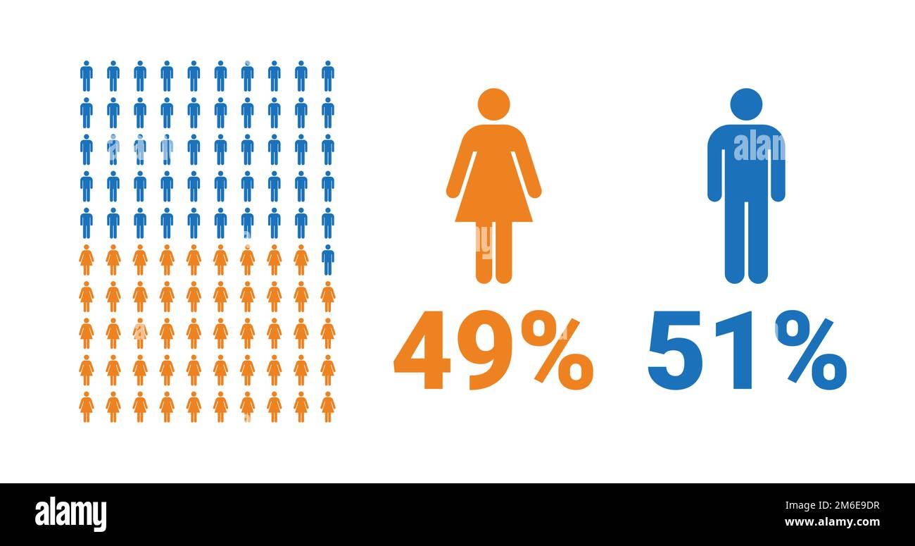 Infografik zum Vergleich: 49 % Frauen, 51 % Männer. Anteil von Männern und Frauen. Vektordiagramm. Stock Vektor