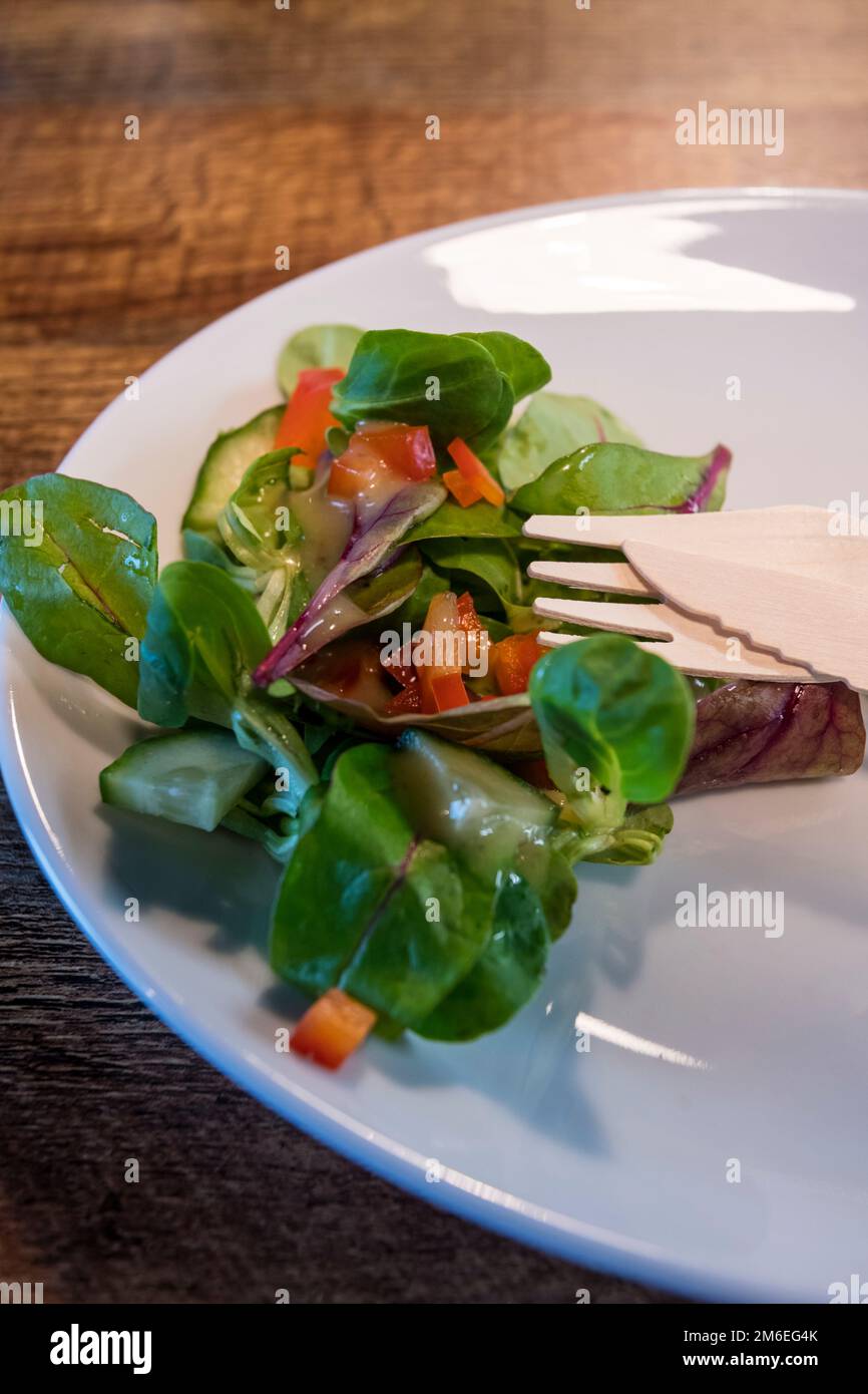 Umweltfreundliches Holzbesteck auf einem Teller mit Beilagensalat. Alternative zu weniger ökologisch freundlichem Einwegkunststoff in einem Café. Stockfoto